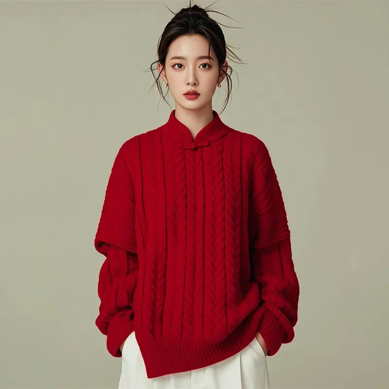

2025 New Spring Autumn Chinese Style Vintage Knitted Sweater Women Outer Wear Fashion Loose High-end Sense Inner Base Shirt Tops