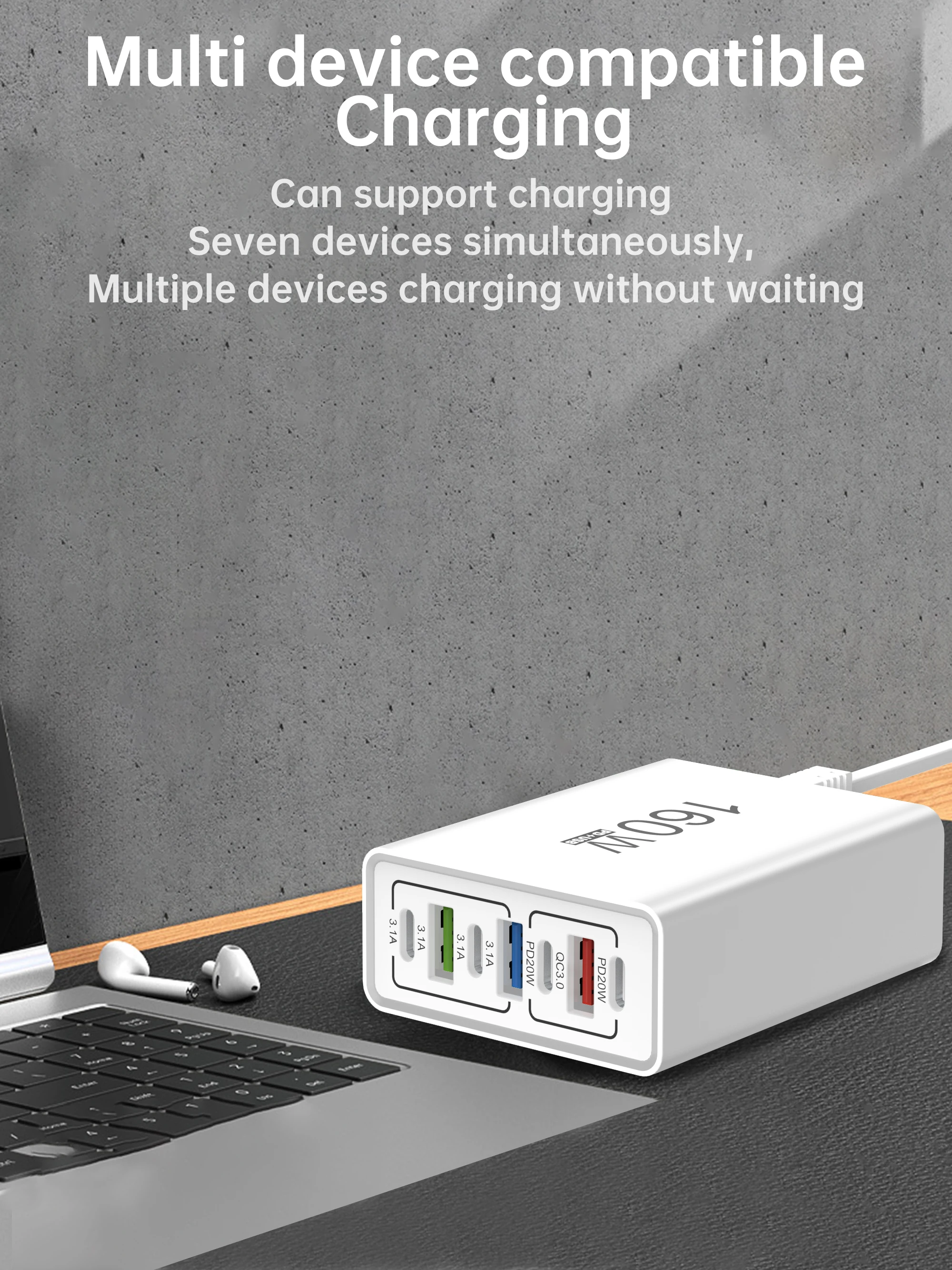 160W USB Multi-Port-Ladegerät Typ C Schnellladegerät mit Mehrfachsteckdose für iPhone Samsung Xiaomi Huawei Honor Handy-Adapter – Detail 5