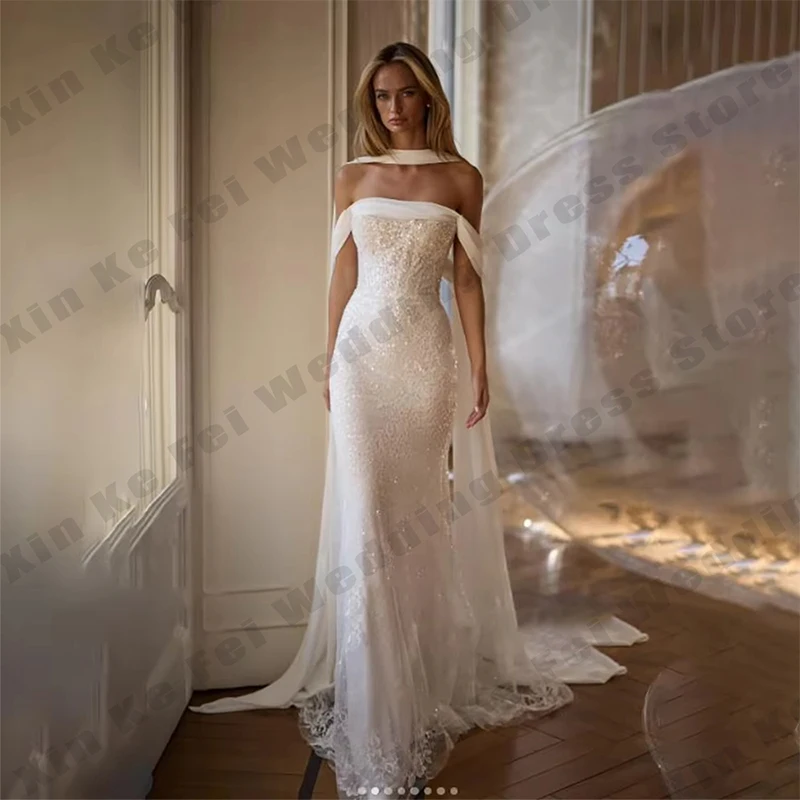 Glitter Lace Wedding Dresses Appliques Strapless A-Line Shawl Luxury Cloak Sweetheart Bridal Gowns Customized Bride Dresses Robe