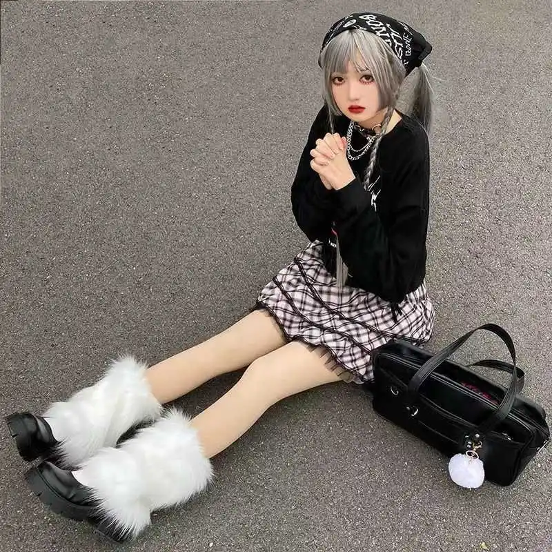 Damskie buty ze sztucznego futra na nogawkach rozmyte buty Punk Jk pończocha Lolita okładka Harajuku rozgrzewająca Dionysia Y2K Goth Knee Hiphop Hotgirl