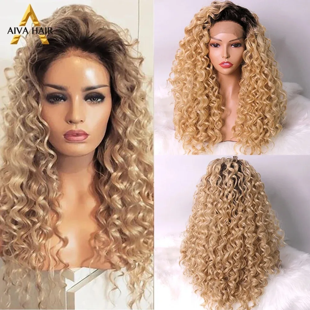 

Aiva Kinky Curly Synthetic 13x4 Lace Front Wig Heat Resistant Honey Blonde Synthetic Long Cosplay Wigs for Women 180% Density