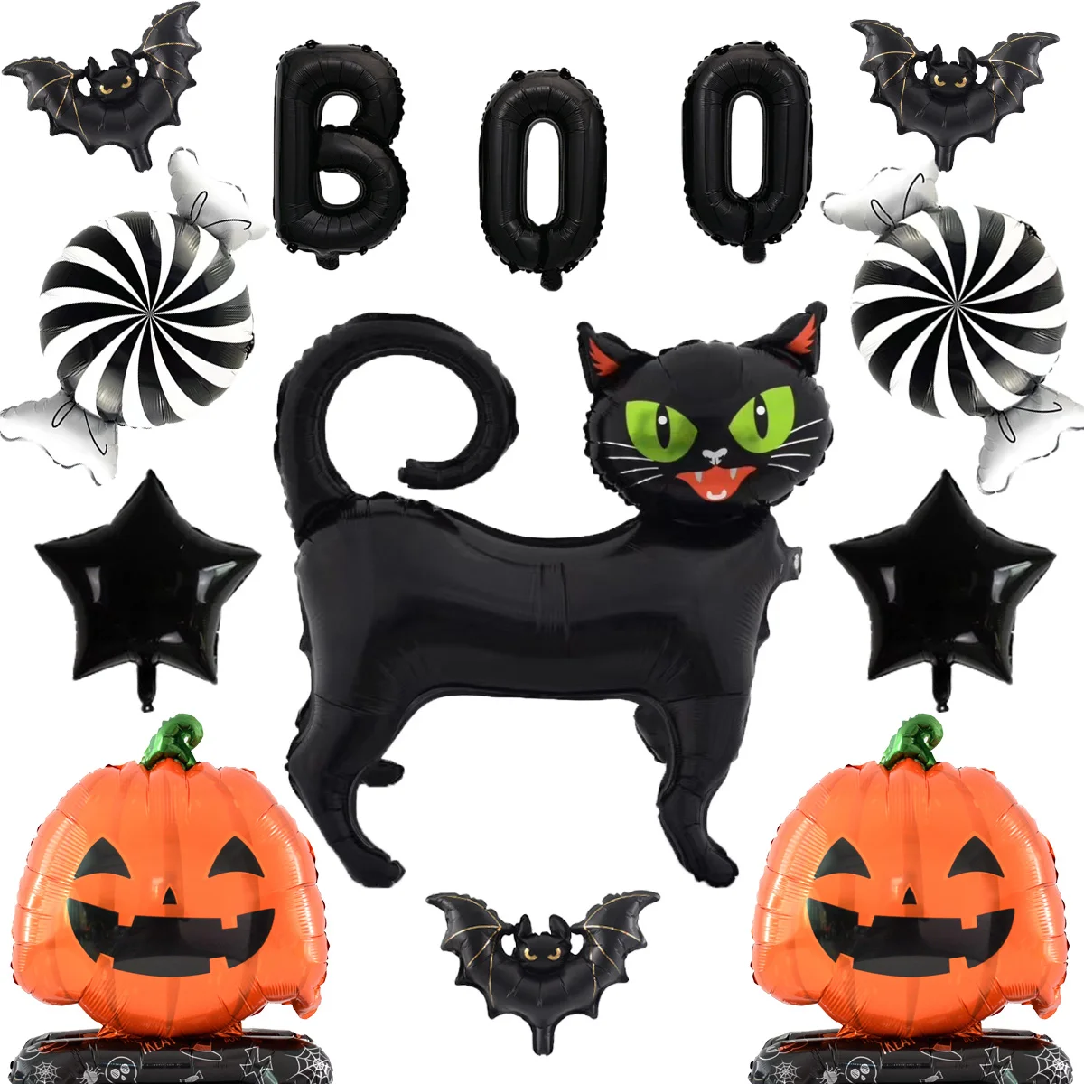 13-teiliges Set Katzenschädel Kürbisförmige Folienballons Set Fledermaus Süßigkeiten Halloween-Party Ballons Halloween-Dekorationen