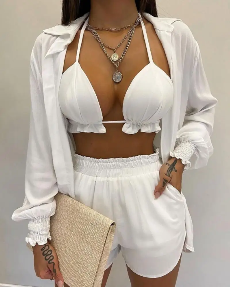 Casual Three Set for Woman Elegant Sexy Shell Bra Lace Up Pleated Suspender Top Pocket Design Shorts Set Lantern Sleeves Shirts