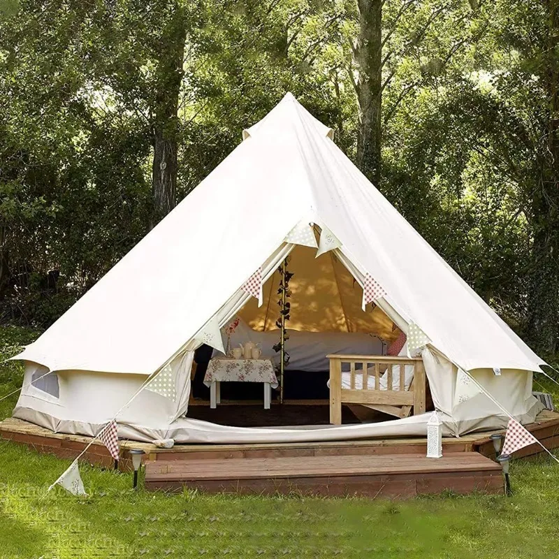 5 m Teepee Bell Tent Canvas Tent Waterproof 4-Season Yurt Tents for Family Camping Outdoor Hunting