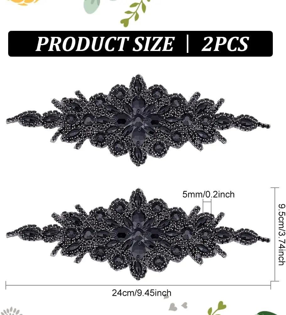 2pcs Rhinestone Applique for Dress (Black,9.5x3.7inch) Iron on/Sew Crystal Patch Hotfix Diamond Sewing Appliques for Bridal