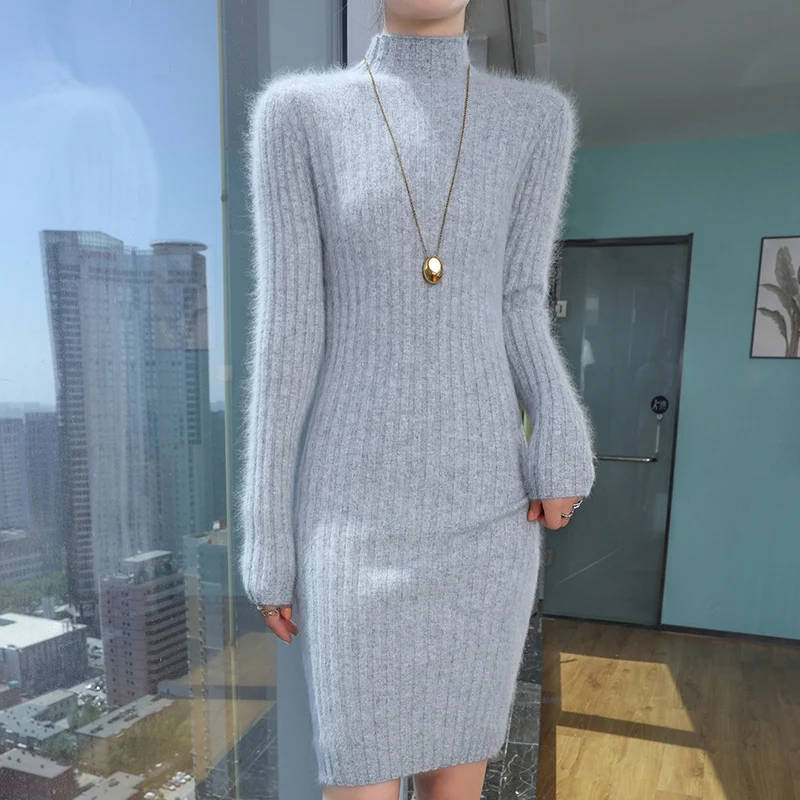 Hot selling 100% mink cashmere women\'s semi high neck dress sweater slim fit long sleeved knitted women\'s long style pullove