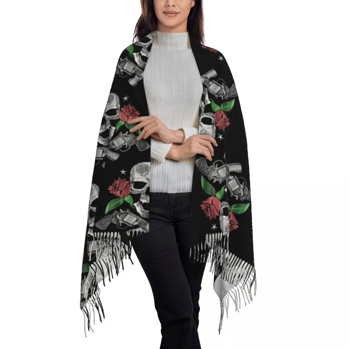 Red Roses With Guns And Skull Design Zip Hoodie Scarf Tassel Scarves for Women Soft Warm Shawls and Wraps Fall Winter Shawl Wrap