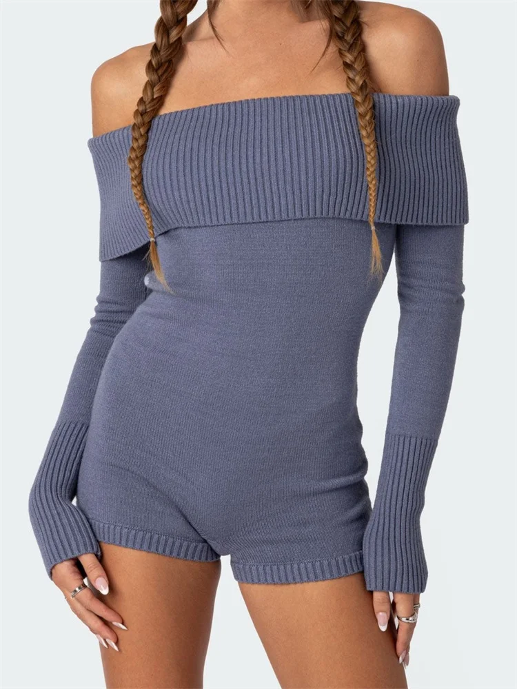 

CHRONSTYLE Women Knitted Playsuits Solid Color Slash Neck Off Shoulder Short Jumpsuits Long Sleeve Slim Rompers Clubwear 2024