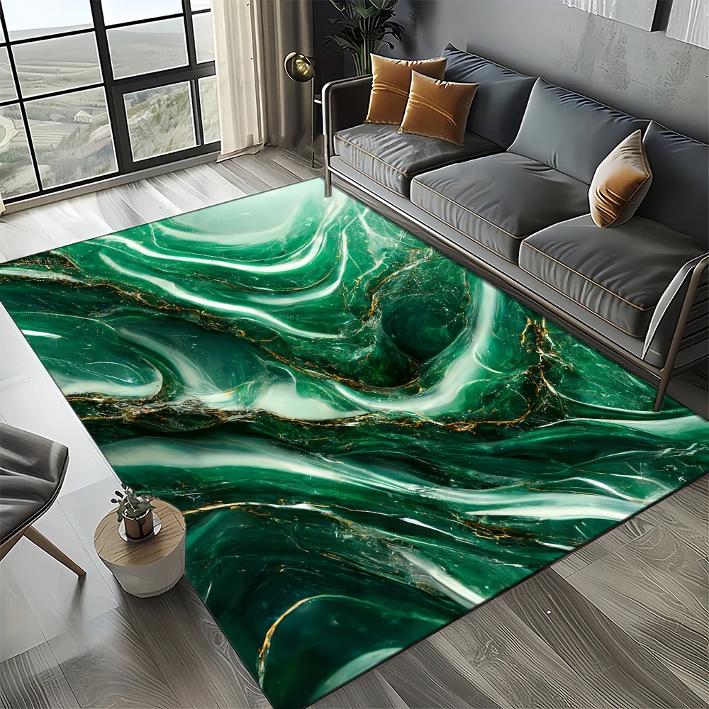 Emerald Green and Gold Area Rug – Luxurious Marble-Inspired Pattern for Living Room or Bedroom, Non-Slip Elegant Home Decor