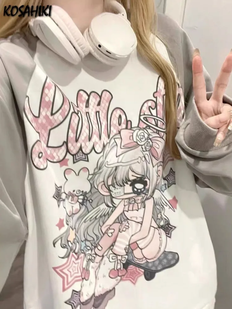 Japanese Preppy Style Student Women Casual Sweatshirt Kawaii Cartoon Print Hoodies Harajuku Contrast Color Cute Pullover Moletom