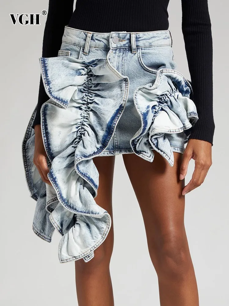 

VGH Patchwork Ruffles Asymmetrical Denim Skirts For Women High Waist Spliced Pockets Streetwear Slimming Bodycon Skirt Female