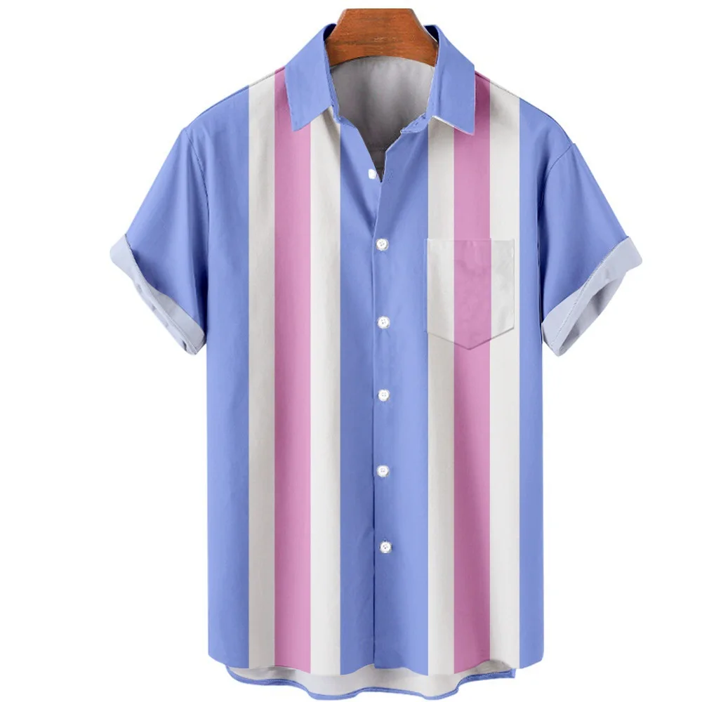 

Button Dress Shirts Contrast Stripes Printed Hawaiian Short Sleeve Summer Fashion Shirt Streetwear Casual Men Clothing