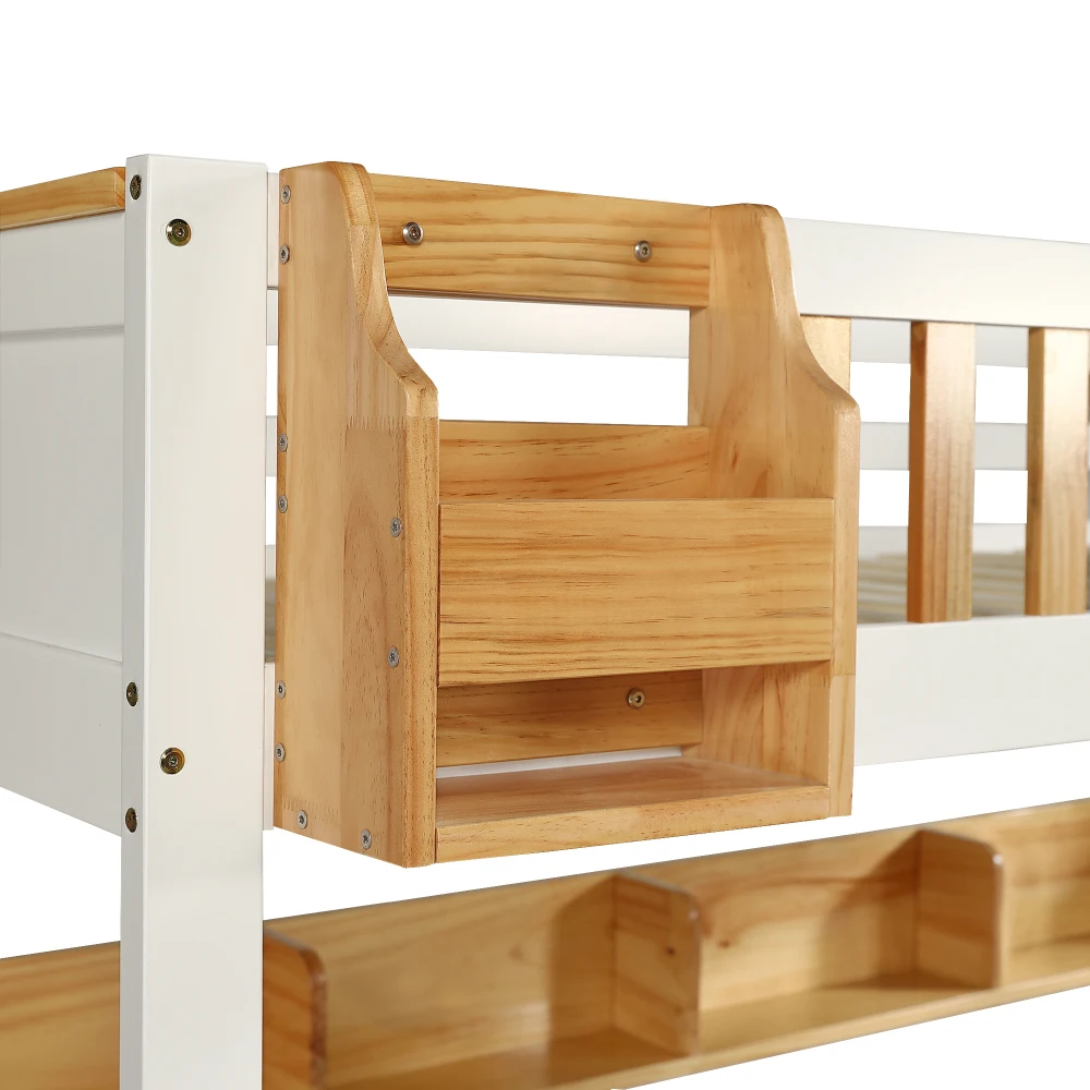 PINGGO Weißes Naturholz-Etagenbett 90x200cm mit Stauraum-Treppe, 4 Schränken, 2 Schubladen, offenem Regal, Fallschirmgitter, Kiefer+MDF, ohne Matratze – Detail 27