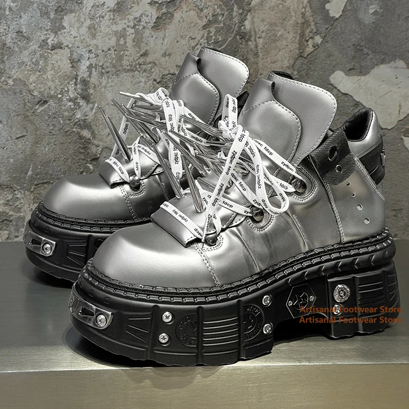 

Long Metal Rivet Derby Shoes Round Toe Men's Lace Up Punk Mid Top Boots Trendy Luxury New In Thick Soled Men's Shoes