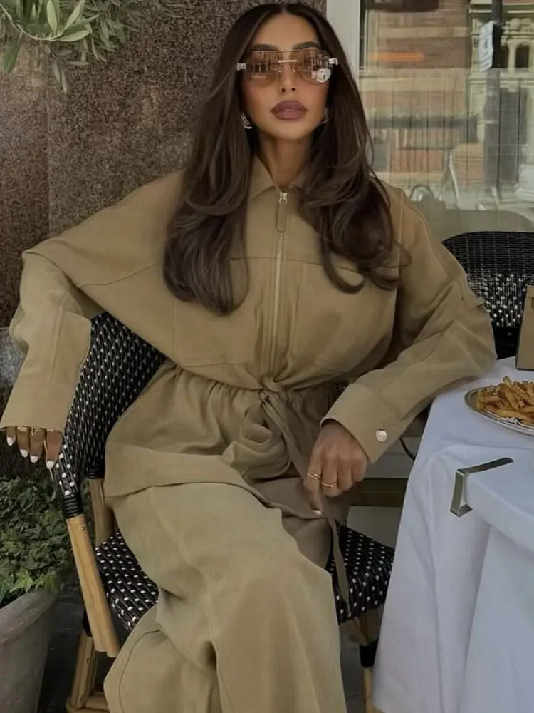 HH Conjuntos de calças de outono para mulheres, elegante, moda, cintos ajustáveis, casaco, manga comprida, jaqueta com zíper, calças largas, roupas casuais