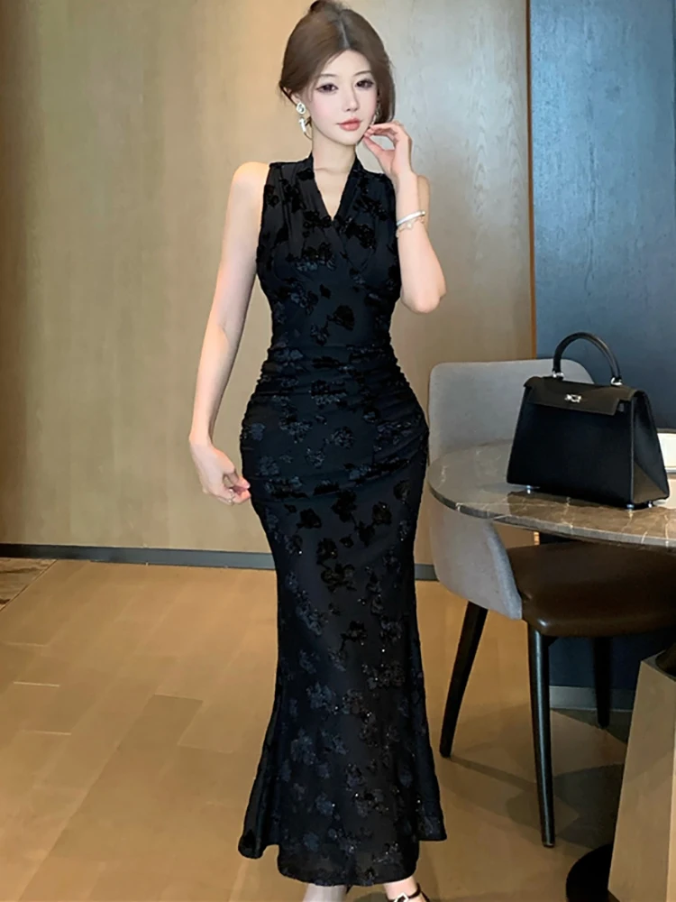 Abito da gala di lusso con volant pieghettato jacquard nero Abito da festival aderente vintage estivo da donna 2025 Abiti eleganti coreani Hepburn
