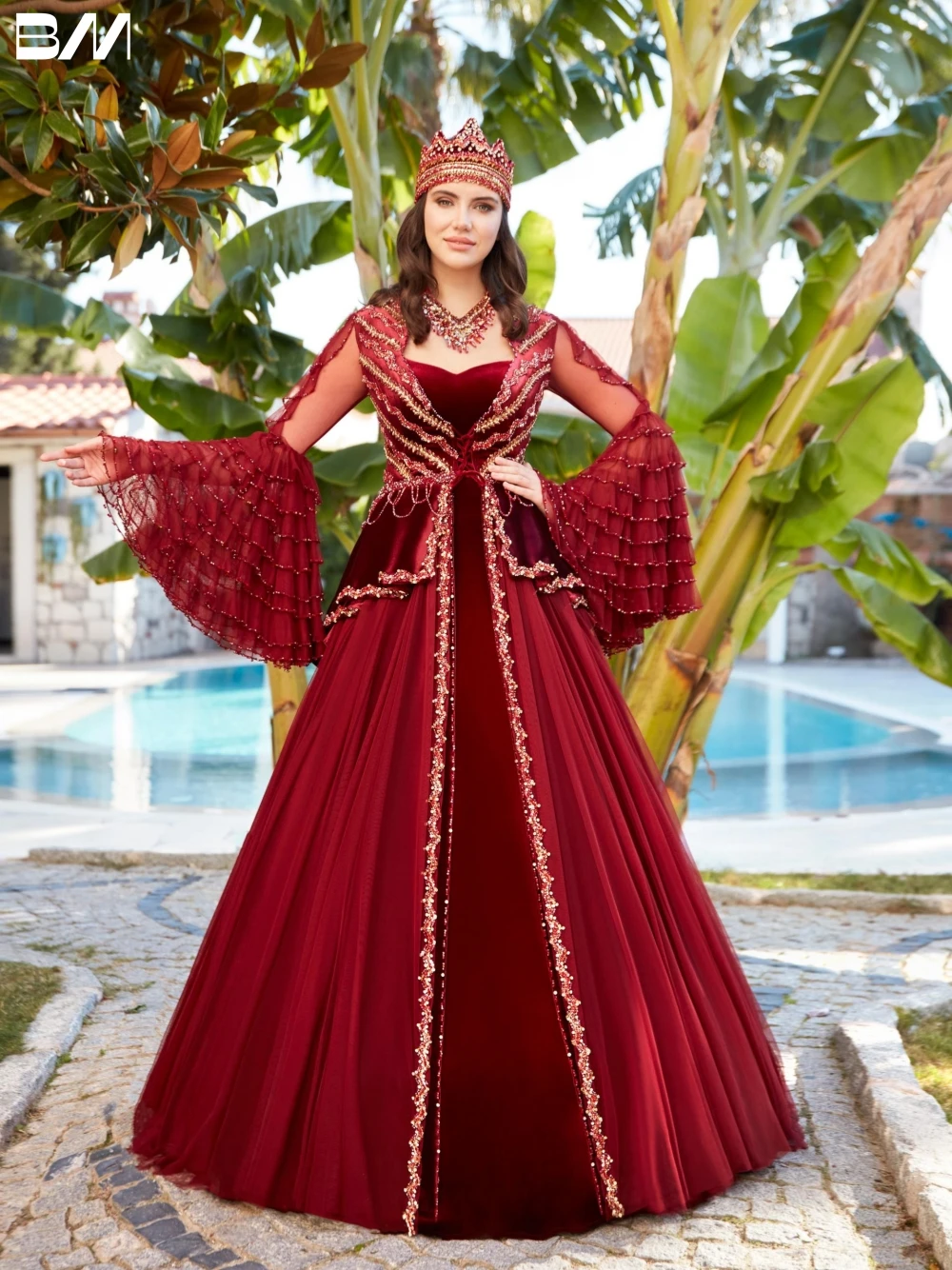 

Traditional Turkish Red Sequin Evening Dresses Kaftan Beaded Bridal Gown Caftan Floor-length Bride Dresses Vestidos De Novia