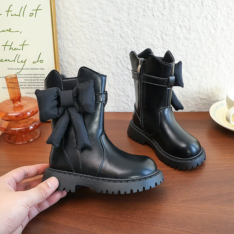 

Кожаные сапоги до середины икры принцессы для девочек, новинка зимы 2024, теплые детские сапоги с плюшевой изоляцией для малышей, детская обувь