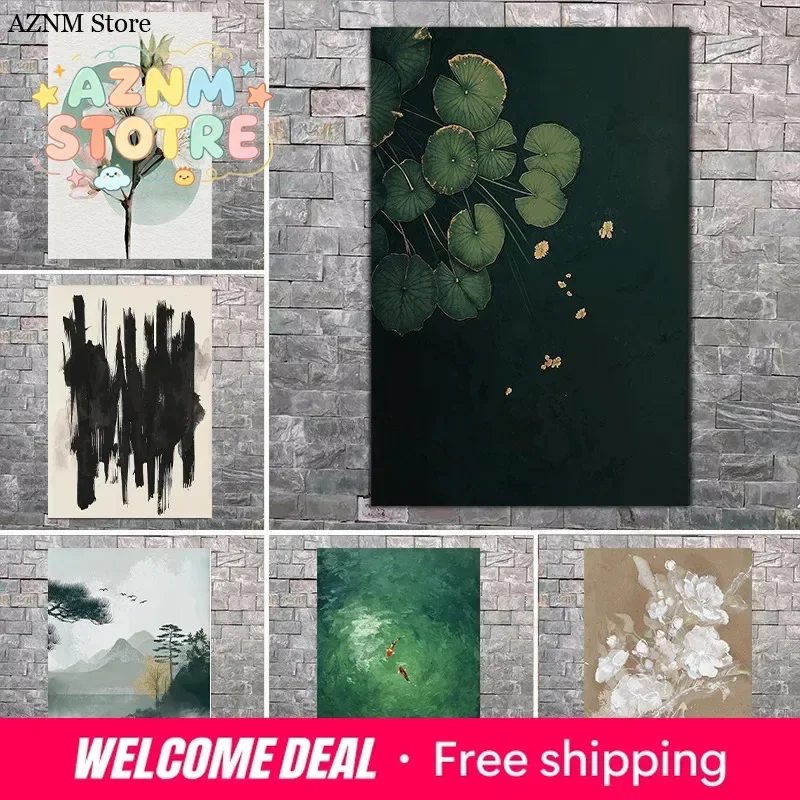 Vintage Cherry Blossom Art Print Wabi Sabi Japandi Home Decor Full Moon Canvas Zen Botanical Abstract Poster Minimalist Wall