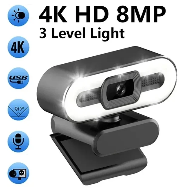 Webcam Portátil Full HD 1080P 2K 4K para PC e Laptop com Foco Automático, Flexível com Microfone e Luz para Transmissão ao Vivo