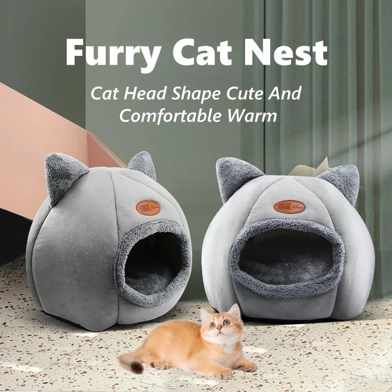 Winter Cat Bed With Cute Cat Ears Deep Sleep Comfort Little Mat Basket for Small Dog Semi-closed Pets Tent Cozy Nest Indoor Cato