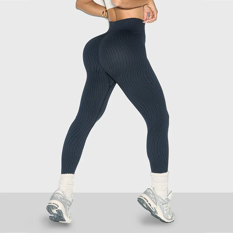 女性の夏通気性ヨガレギンスリブストライプショーツファッションハイウエストフィットネス屋外レギンスジムヨガスリムタイツ