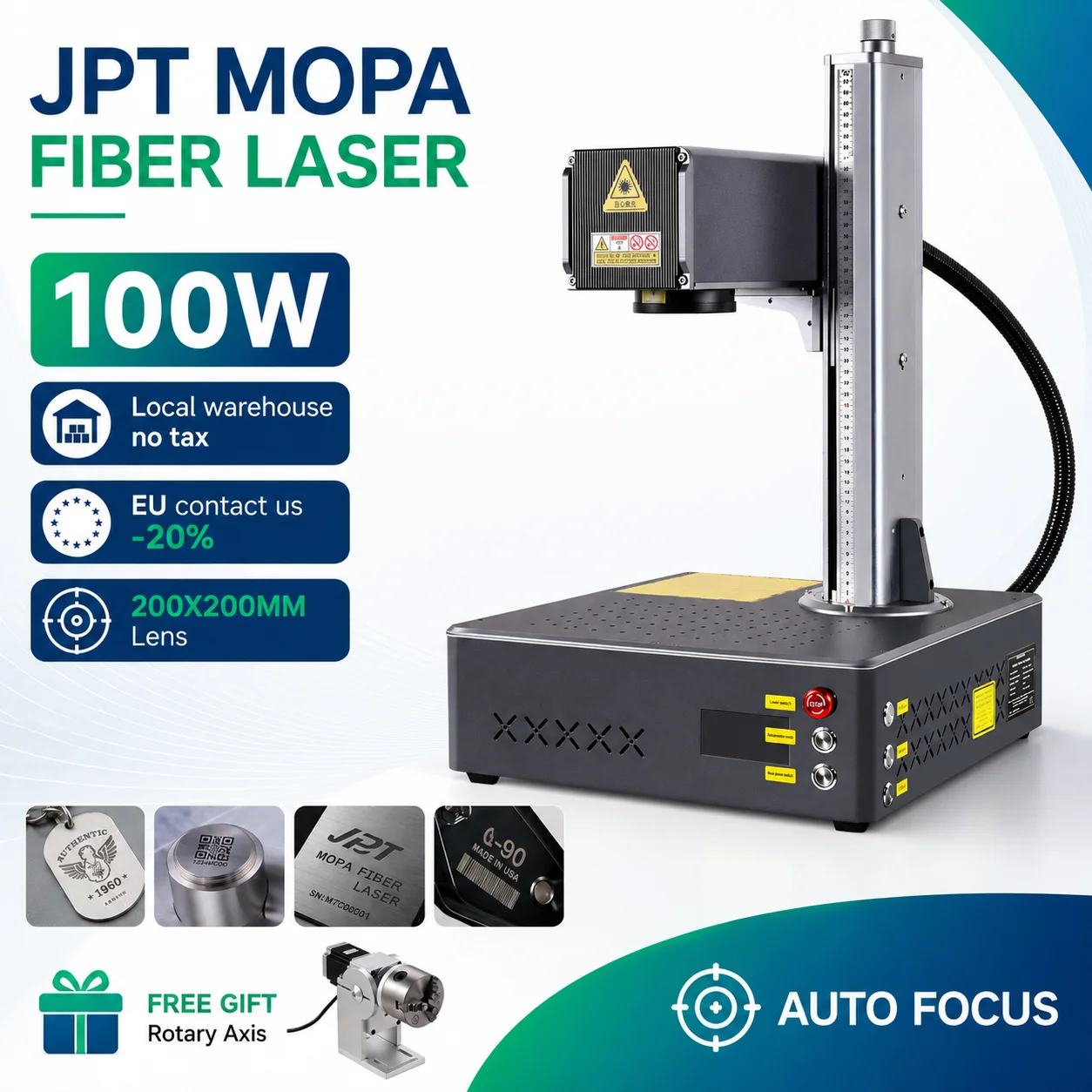 Auto Focus 100W JPT MOPA Engraver 100W Metal Engraver Fiber Laser Marking Machine for for Metal Plastic Gold Silver Jewelry 200X200MM Lens Color Marking on Stainless Steel