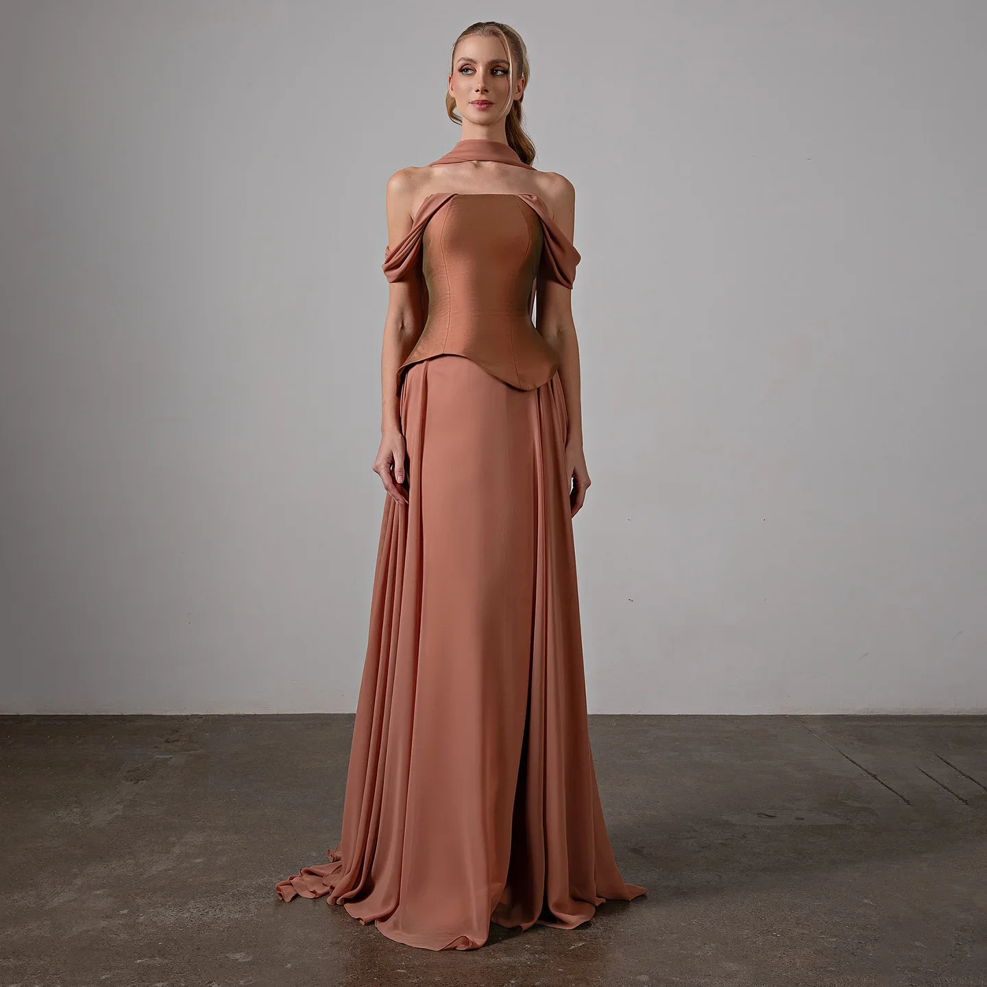 

Sharon Said Brown Off Shoulder Elegant Evening Dress with Chiffon Scarf Arabic for Women Wedding Dress Gown SF593 Customized