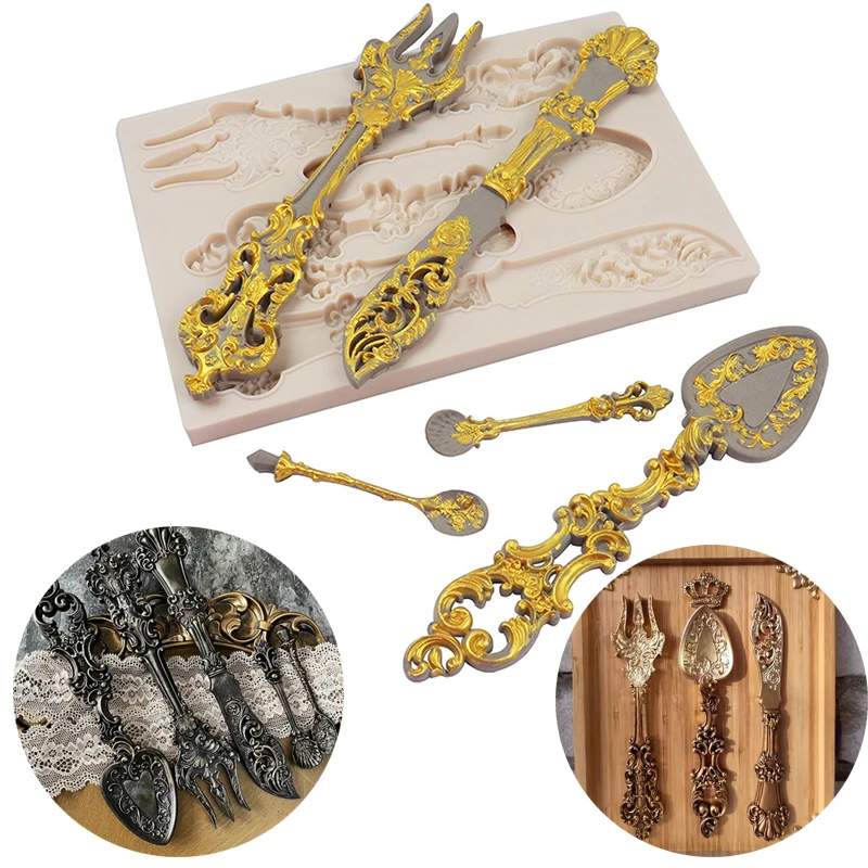 Vintage Tableware Silicone Mold Baroque Fork Knife Spoon Fondant Mould For Chocolate Cake Decoration Topper Polymer Clay Art