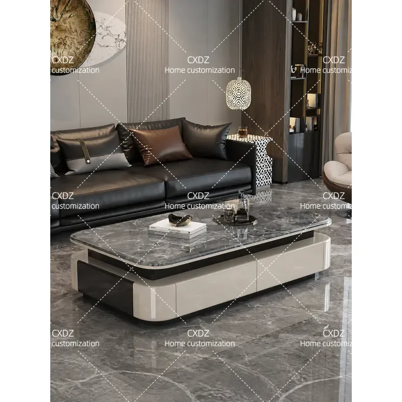 Solid Wood Piano Finish Coffee Table with Microcrystalline Stone Top Modern Simple Rectangular Storage High End Living Room