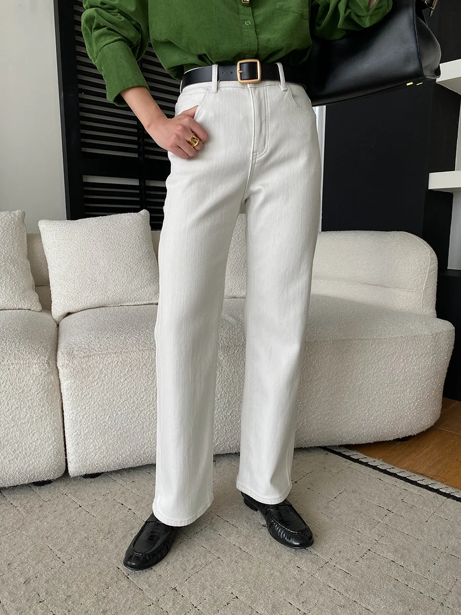 Celana jeans wanita kasual warna polos pinggang tinggi potongan lurus ramping dan berbulu halus