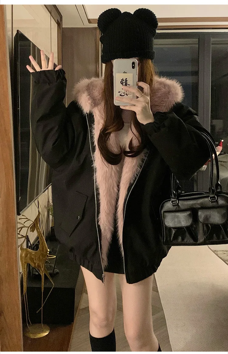 

Winter New Fur Coat Women Clothing Winter Jacket Hoodie Cute Cat Ears Imitation Loose Warm Black Faux Fur Jacket for Women