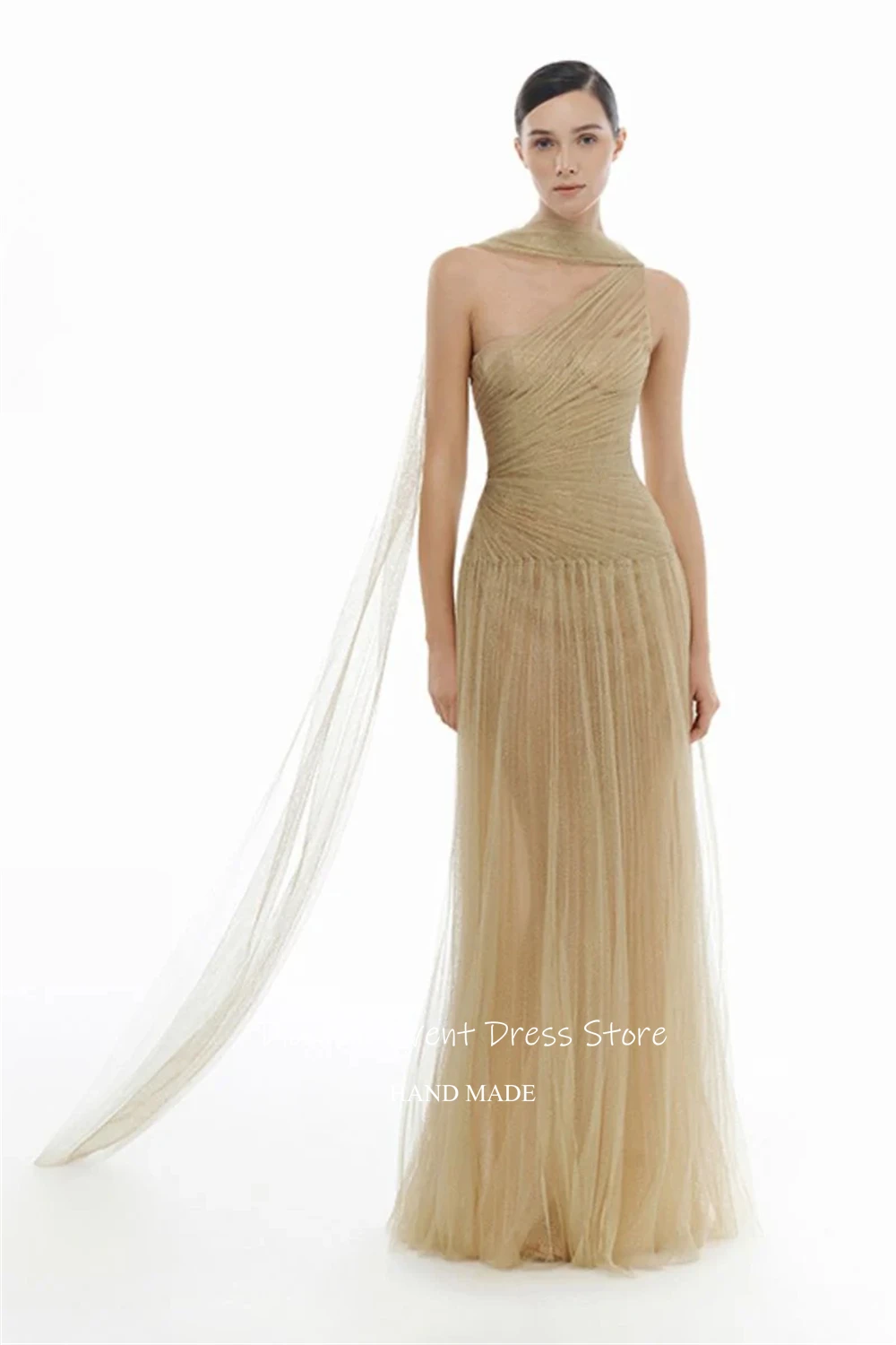 Dianruo فساتين سهرة من التل الذهبي بكتف واحد رسمية على شكل حرف A رداء حفلات أشرطة مكشكشة فيستدوس دي متدرج مخصص #6