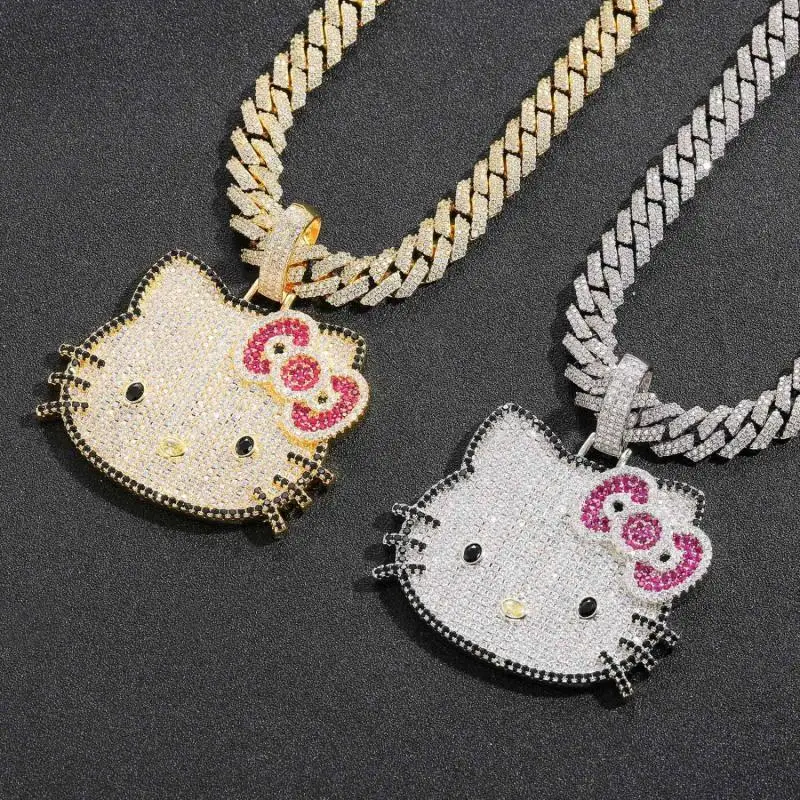 Hello Kittys Necklace Diamond Anime Pendant Ins Fashion Trendsetter Hip Hop Men and Women Necklace Accessories Cute Girls Gift