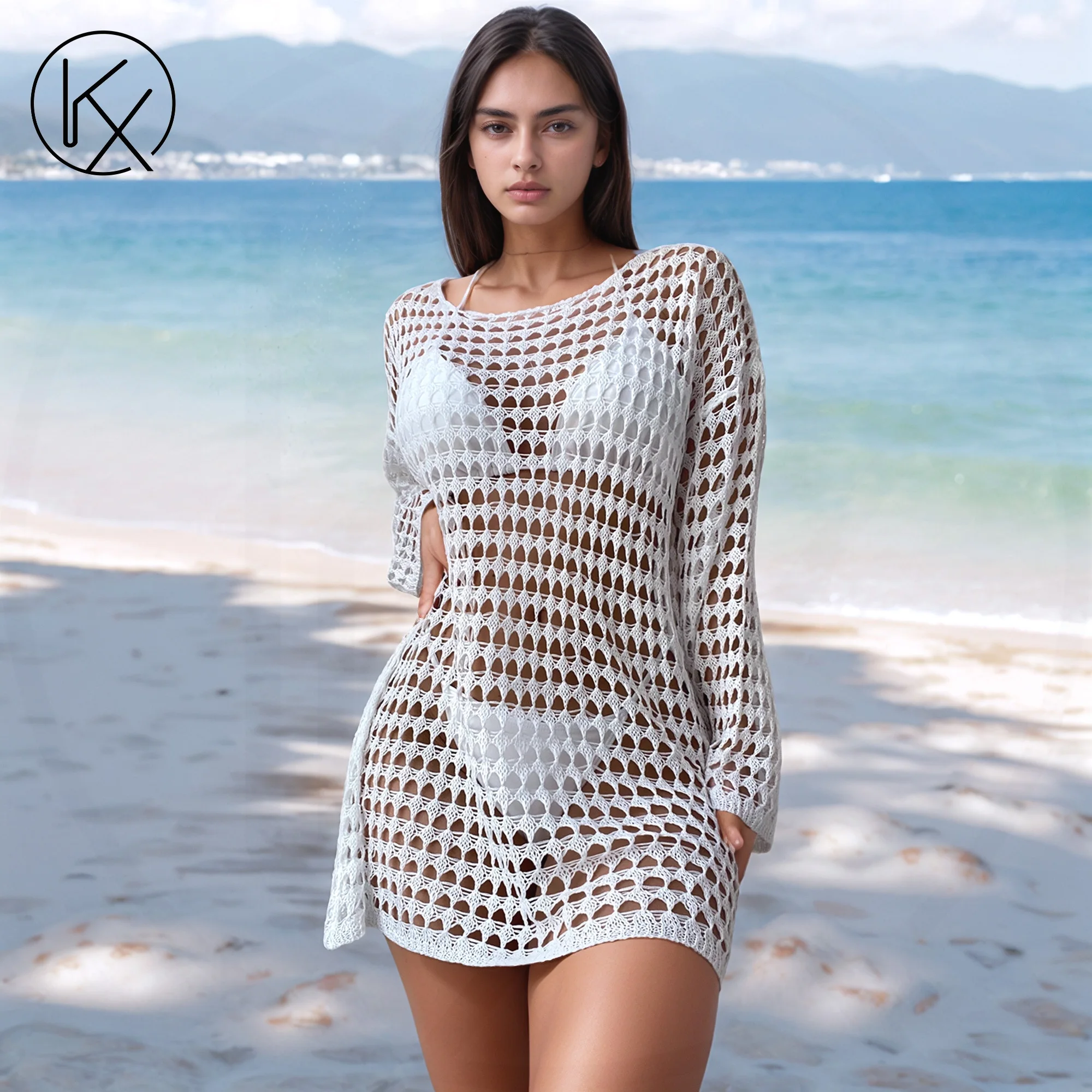 

kaixiggmm Ladies' beach sexy knitted hollow pullover round neck long sleeved bikini swimsuit long beach covered dress