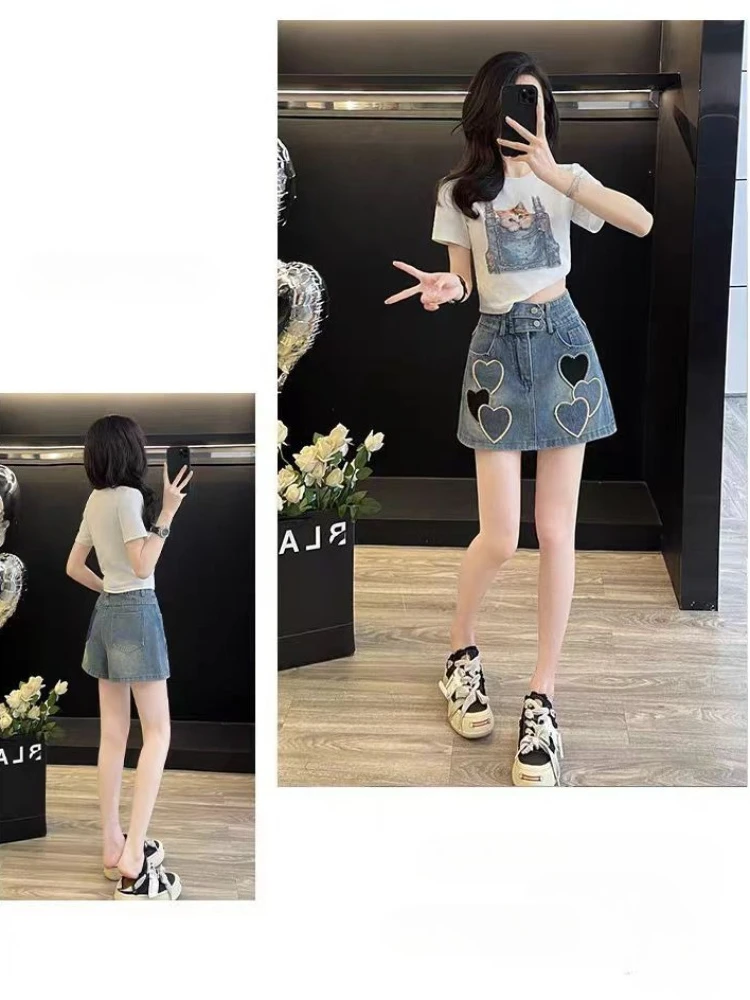 

Summer Casual Sweet 2 Piece Set for Women Cat Print Tops + Love Embroidered All Match Denim Skort Vintage Daily Female Outfits