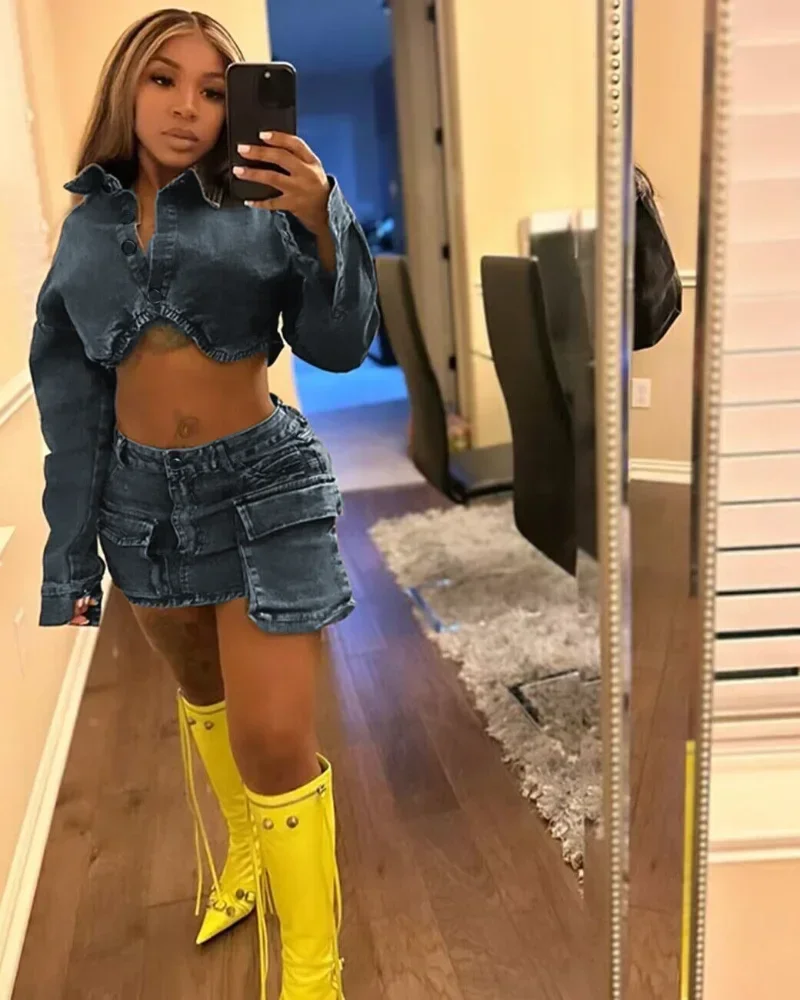 

KEXU Denim Women's Set Long Sleeve Jean Coat and Pocket Cargo Midi Skirt Fashion Streetwear Chic Two 2 Piece Set Outfits
