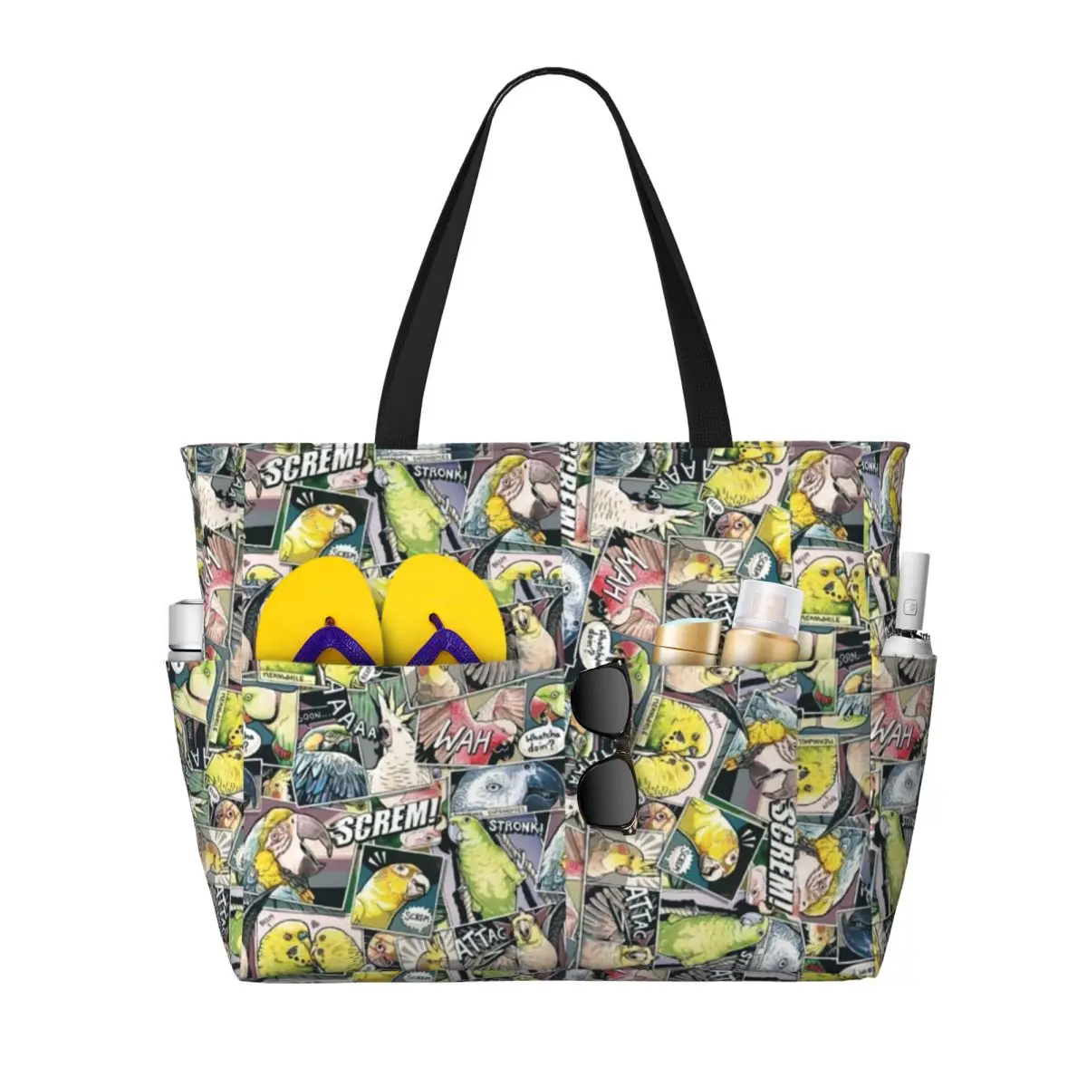 

Large Summer Beach Bag Ideal for Beach, Parrots Comic Style Travel, & Camping