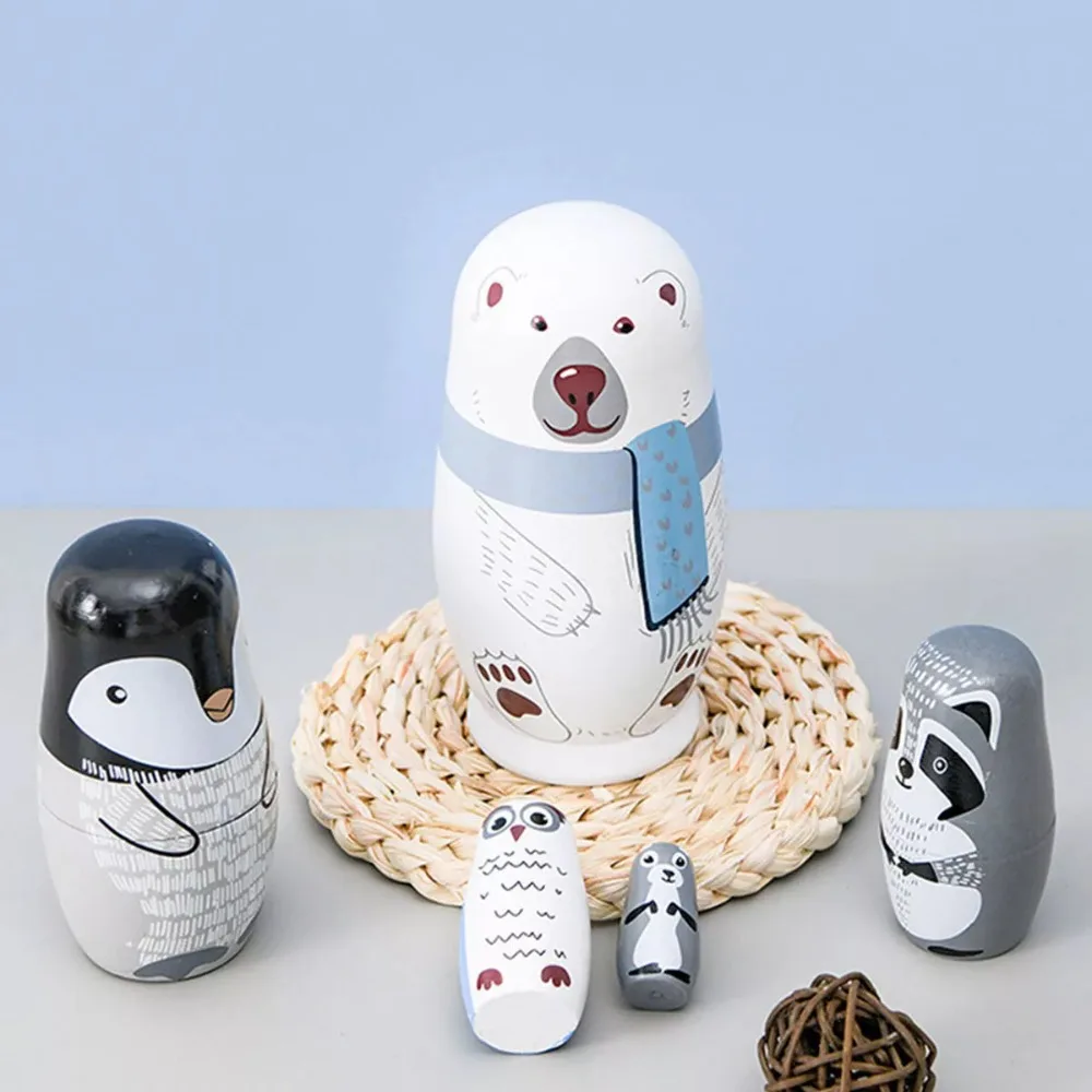 

5Pcs Creativity 6" Tall Russian Nesting Doll Wooden Handmade Stacking Dolls Toys Polar Bear Gift Matryoshka Ornaments for Kids