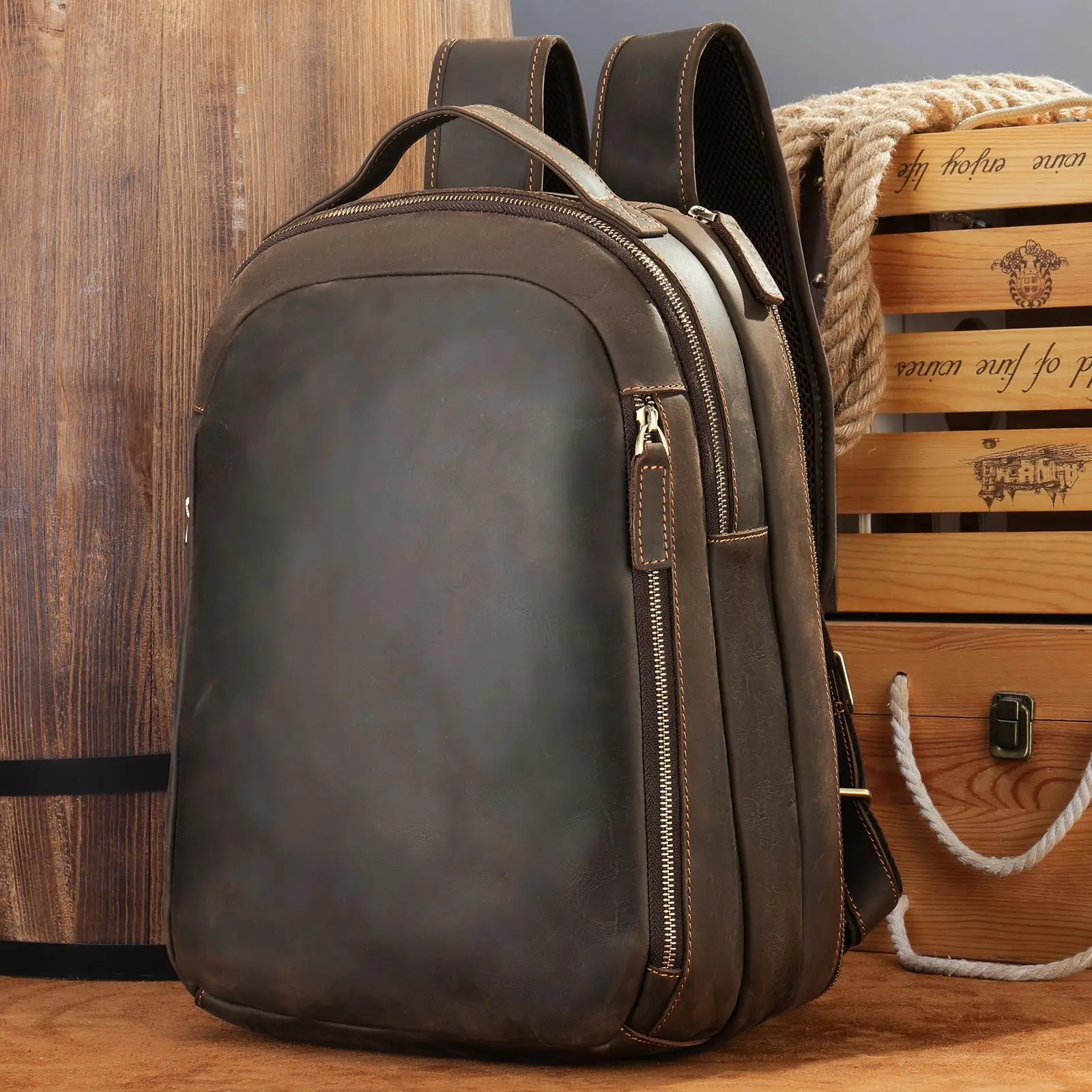 

Vintage Crazy Horse Leather Backpack - Men's Classic School Bag, Durable Cowhide Laptop Rucksack for Students & Travel