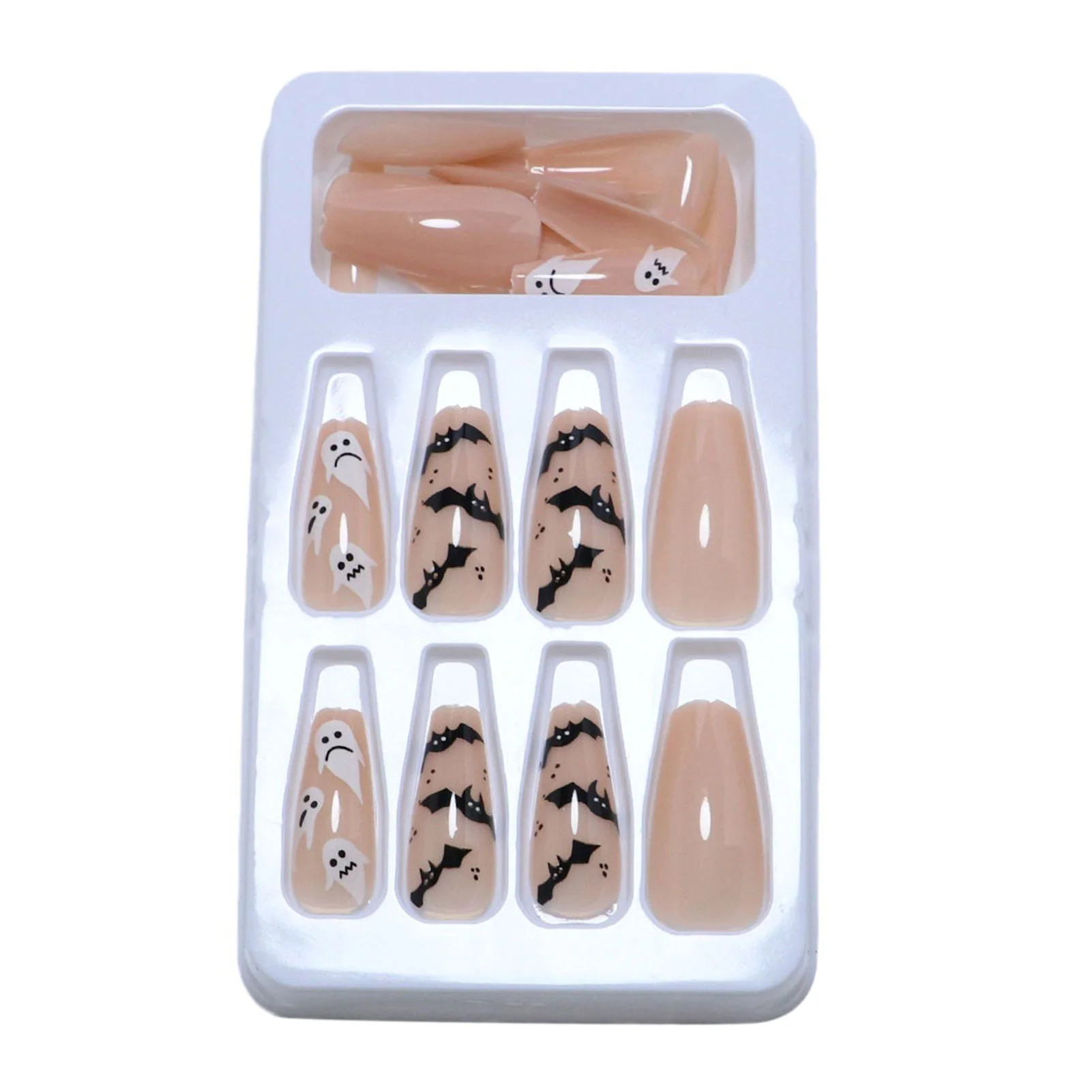 -length Nude Color Fake Nail Halloween Black Bat White Ghost Artificial Nail for Women and Girl Nail Salon at Home