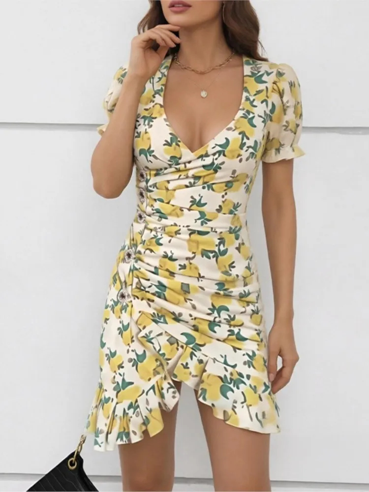Chic Deep V Neck Double Layer Ruffle Hem Dress 2026 New Daily Women's Sexy Floral Painted Ruffle Slim Dress Women's Party Dress