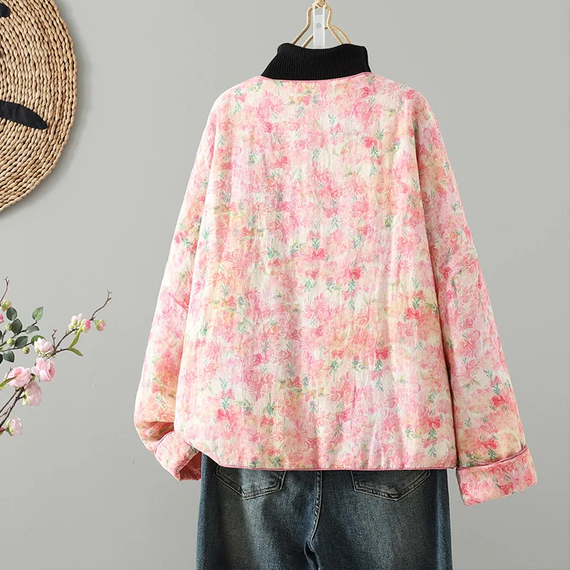 New Chinese Sle Women's Cotton Jaet Lightweight Printed Cotton Coat with Button Loose Fit Long Sve round Ne Winter Coat