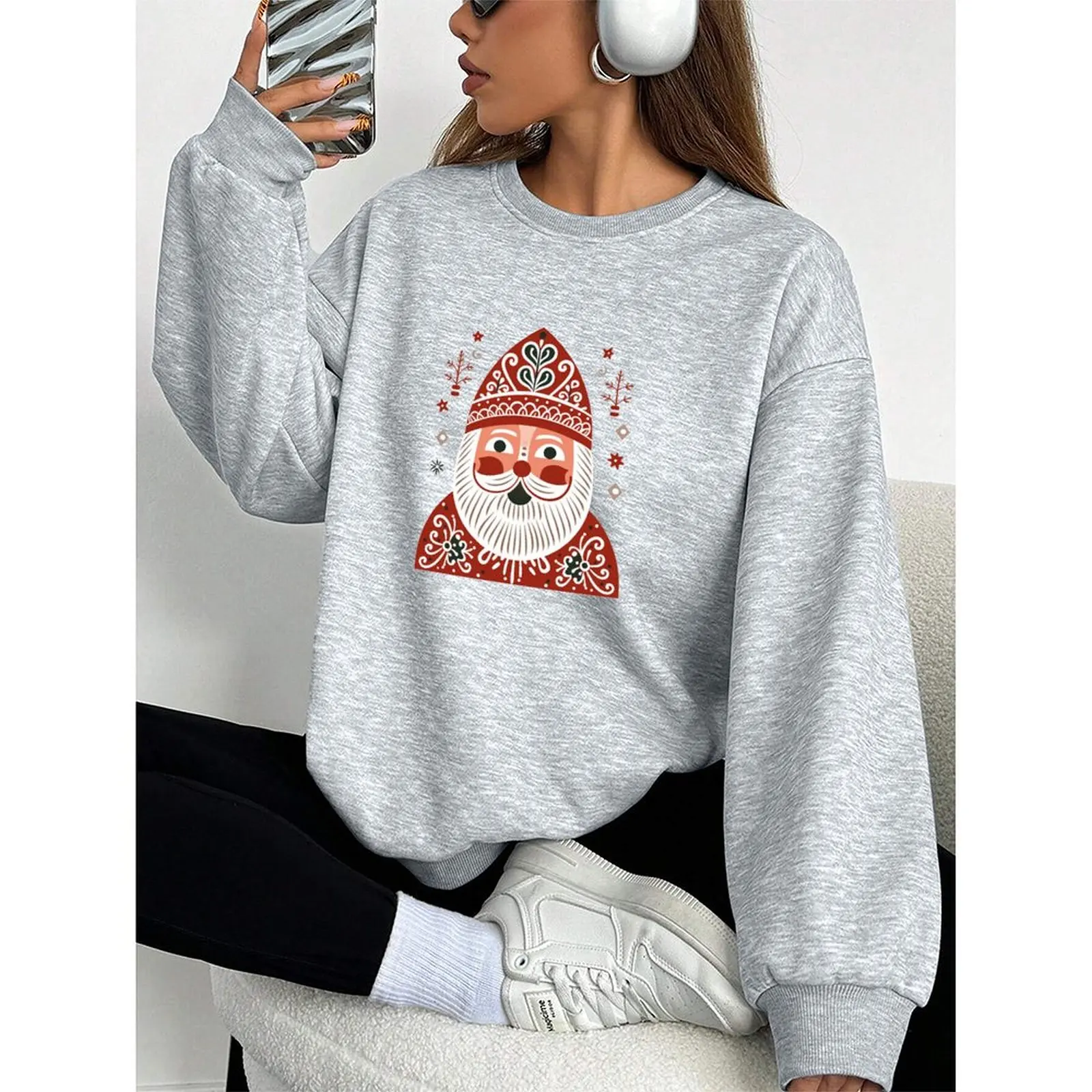 

Round Neck Women Long Sleeve Sweatshirt Velvet Winter Casual Novy God Russian New Year Printed Pattern Comfort Pullovers
