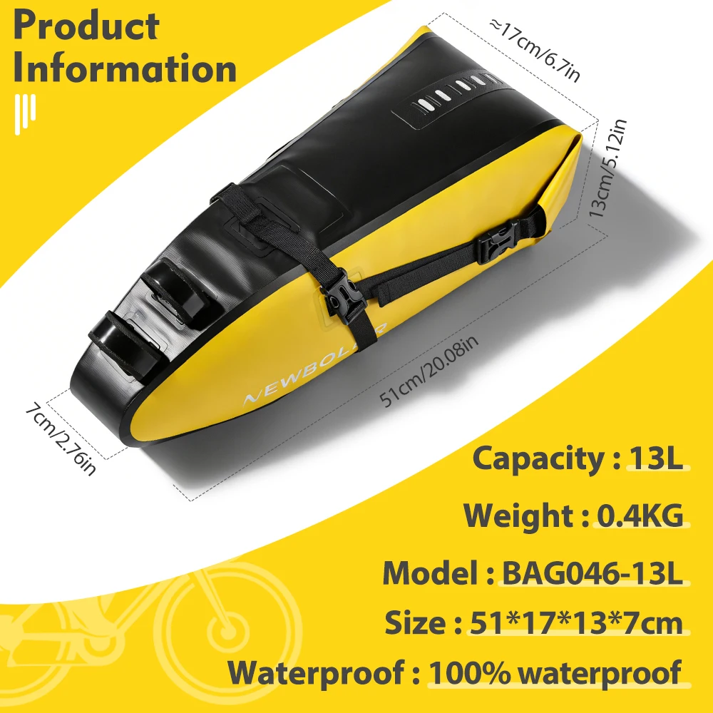 NEWBOLER Bicycle Bag Waterproof 13L Large Capacity Bicycle Saddle Bag Bicycle Foldable Tail Bag Mountain Bike Road Luggage