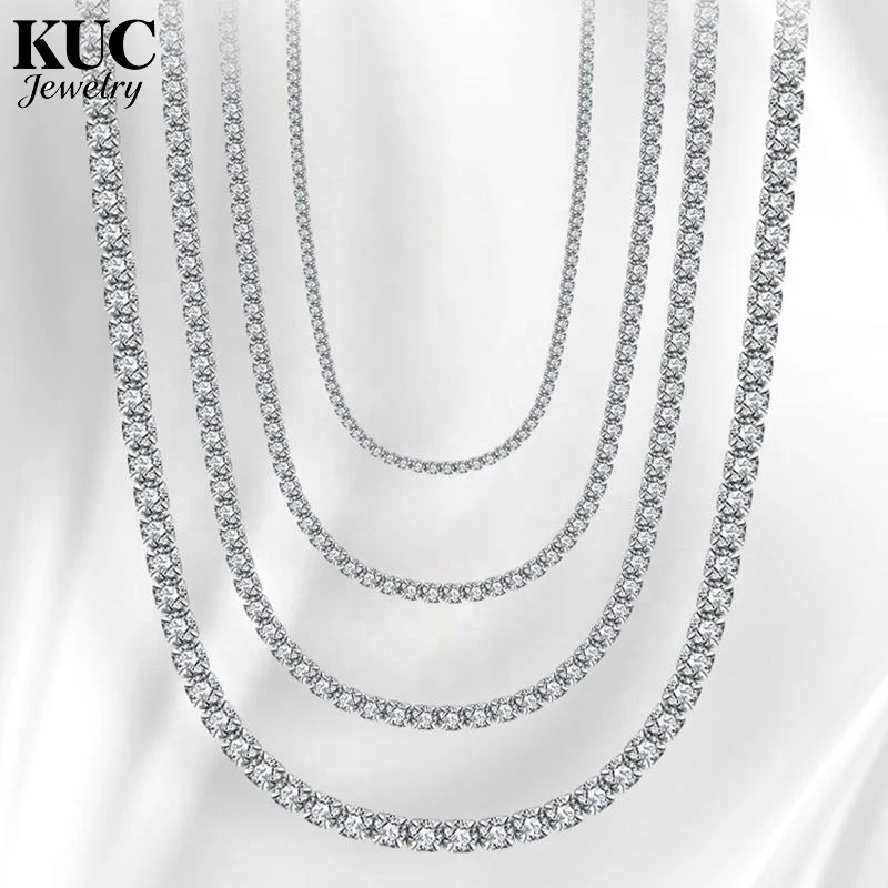 

KUC Jewelry Women Tennis Necklace Rhodium Plated Round Cubic Zirconia Cut Rhinestone 925 Sterling Silver Tennis Chain