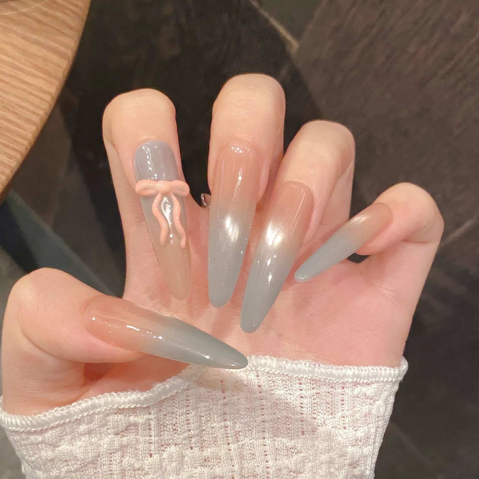 10pcs Pink Bowknots Handmade Press On Nails Smudging Pink Blue Almond False Nails Y2k Romantic Cat's Eye Fake Nail Wearable