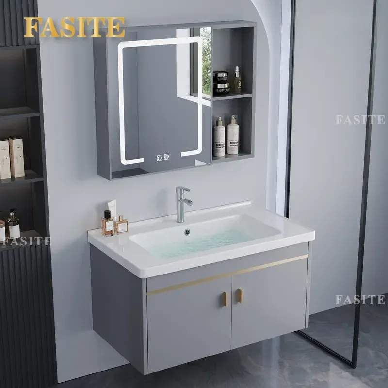 For Small Apartment Bathroom Integrated Ceramic Washbasin Vanity Cabinet with Mirror Storage Combo Space Saving Modern Design