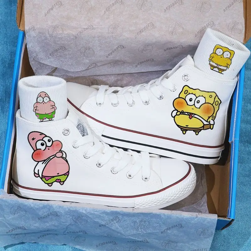 2024 Spring New Student Spongebob Squarepants Cute Big plus size Female High Top Casual Board Couple Male women sprots Shoes