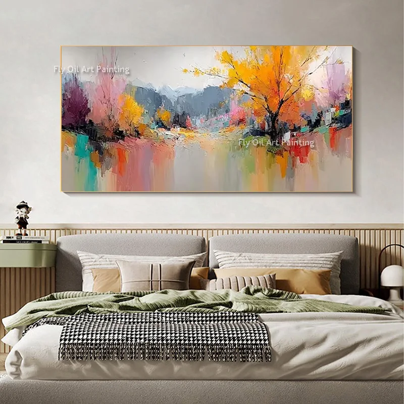 Vibrant Fall Forest Reflection Scenery Hand Painted Impressionist Landscape Oil Painting Large Colorful Shadow Wall Art Decor